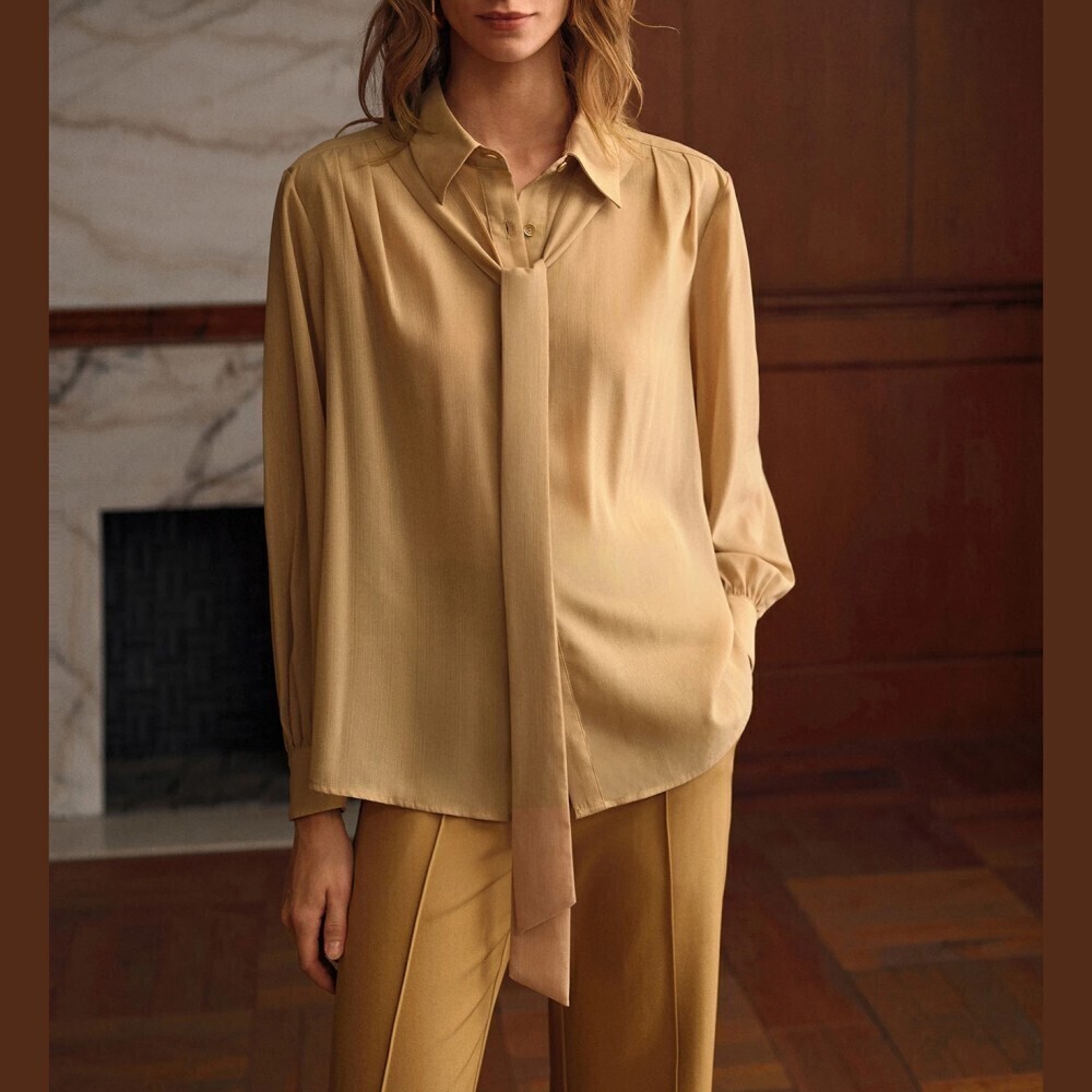 Cream Satin Tie Neck Long Sleeve Blouse
